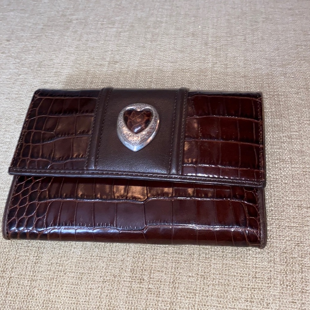 Brighton Dark Brown Croc-Embossed Leather Wallet with Heart Accent